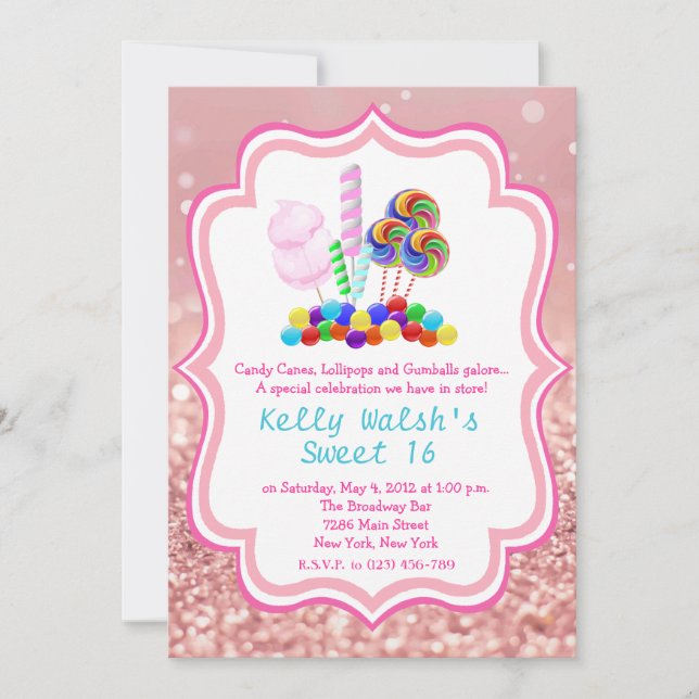 Invitation Rose Candyland Parties scintillant or Sweet 16 Inv (Devant)