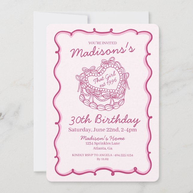Invitation Rose Cette Fille Retro Coeur Coquette gâteau Anniv (Devant)