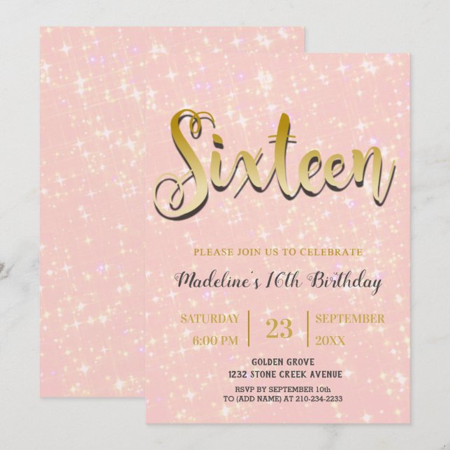 Invitation Rose chatoyant | Sweet 16 (Devant / Derrière)