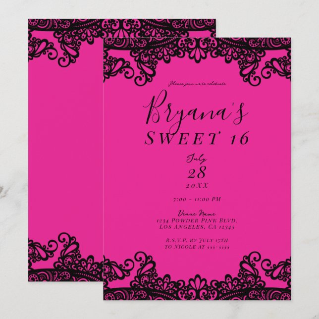 Invitation Rose Chaud Clair Encre Noire Dentelle Fête Douce 1 (Devant / Derrière)