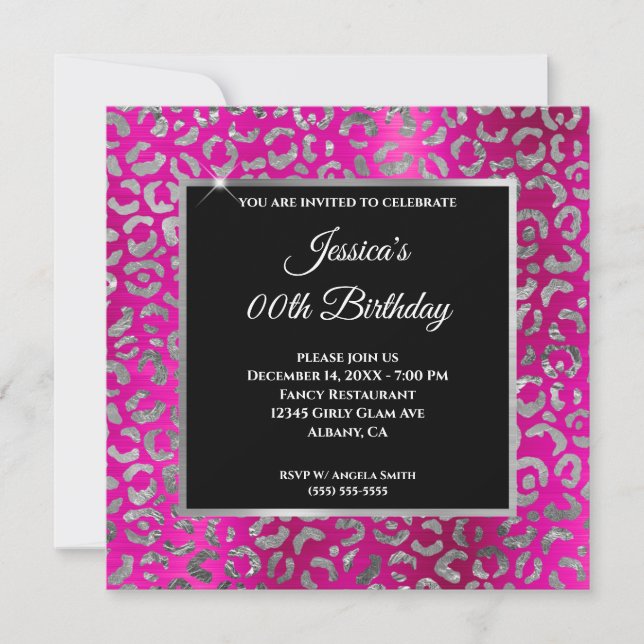 Invitation Rose Chaud et Anniversaire Féminin au Léopard Arge (Devant)