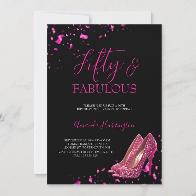 Invitation Rose Chaud et Noir 50 et Fabuleux 50e Anniversaire (Devant)