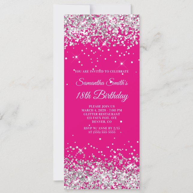 Invitation Rose Chaud et Paillettes Argent 18e Anniversaire (Devant)