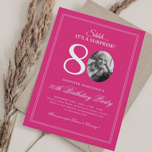 Invitation Rose Chaud | Fête d'anniversaire surprise pour 80  (Hot Pink | Surprise 80th Birthday Party Invitation)