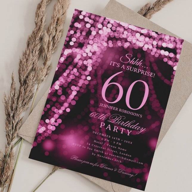 Invitation Rose Chaud | Fête surprise pour 60e anniversaire  (Hot Pink | Surprise 60th Birthday Party Invitation)