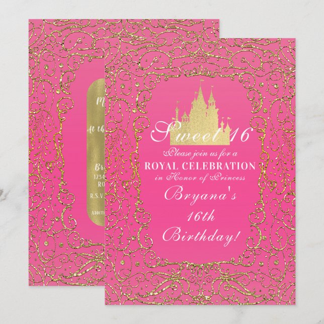Invitation Rose Chaud & Or Château Royal Princesse Douce 16 (Devant / Derrière)