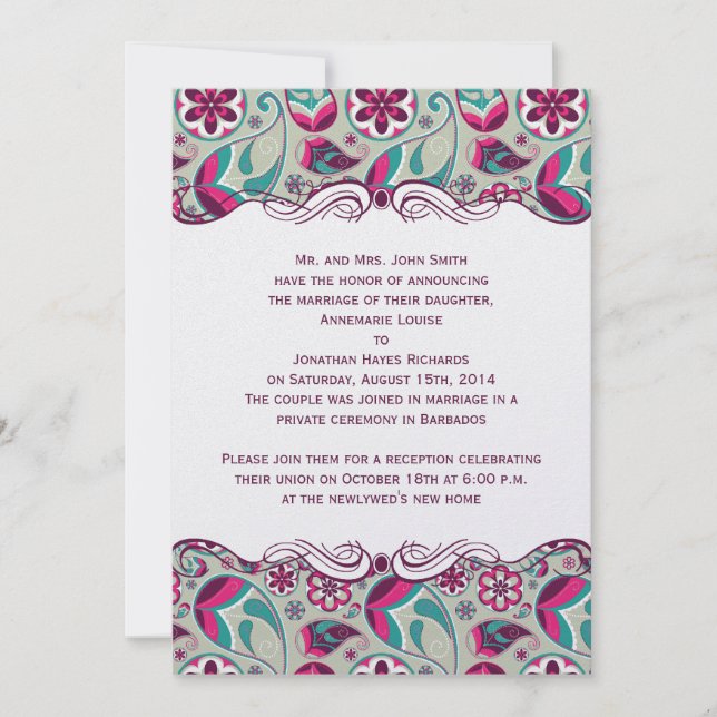 Invitation Rose Chaud Paisley Tiel Turquoise Mariage Après (Devant)