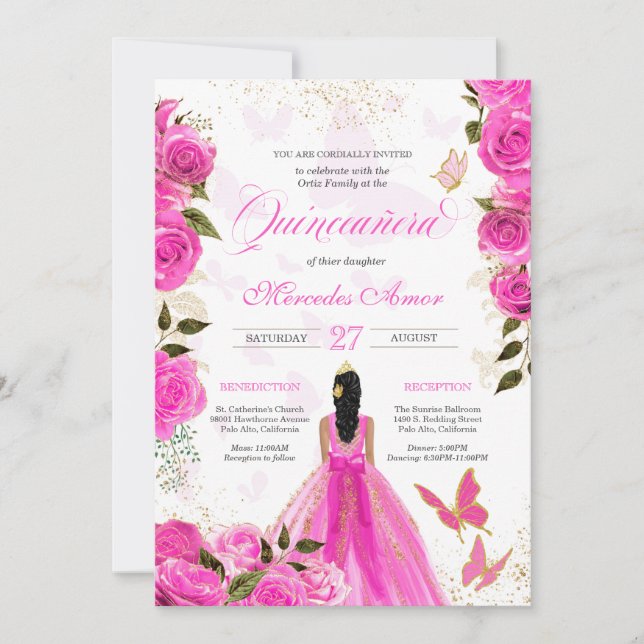 Invitation Rose chaud papillon Mariposa Quinceanera Rose (Devant)