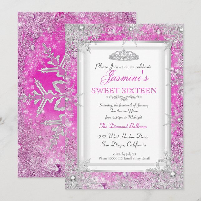 Invitation Rose Chaude Argent Noël Merveilleux Douze Seize (Devant / Derrière)