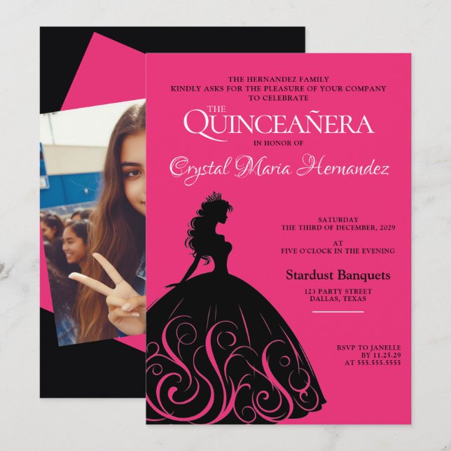 Invitation Rose Chaude et Noir Quinceañera (Devant / Derrière)