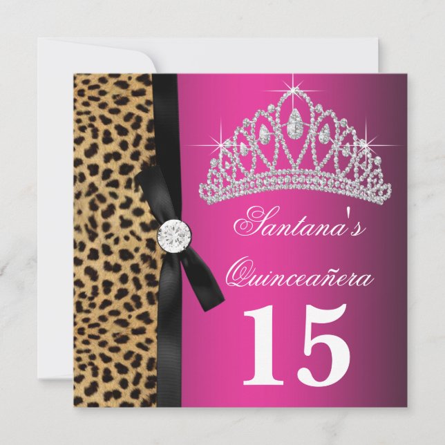 Invitation Rose Chaude Léopard Quinceanera (Devant)