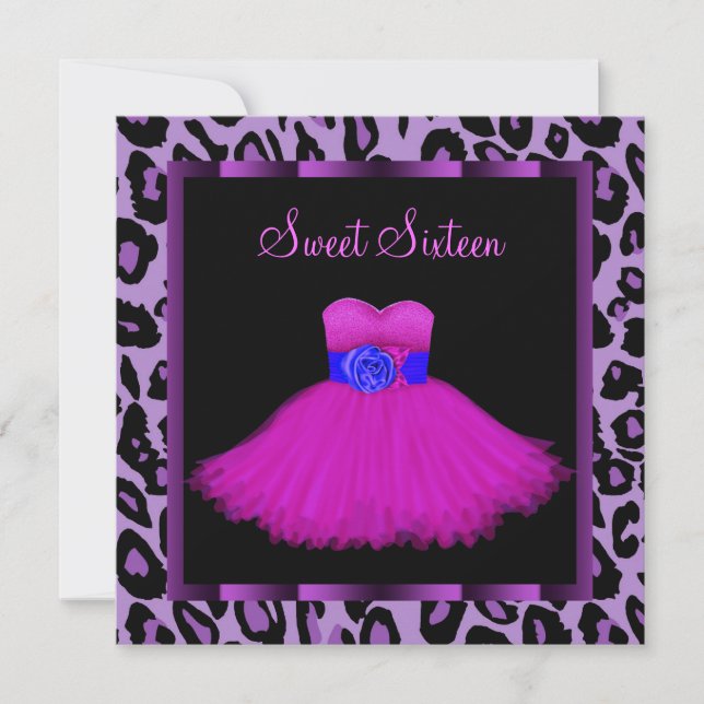 Invitation Rose Chaude Léopard Violet Sweet Seize Anniversair (Devant)