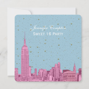 Invitation Rose Chaude NYC Skyline Gravure Bleue Étoilée SQ S