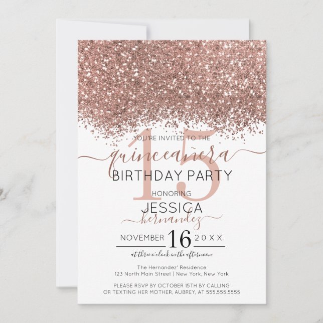 Invitation Rose Chic Parties scintillant blanche or Confetti  (Devant)