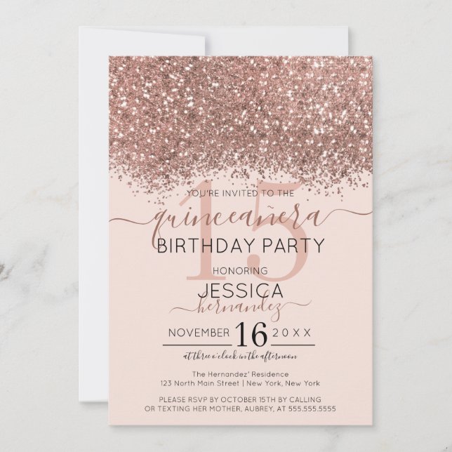 Invitation Rose Chic Parties scintillant rose or Confetti Qui (Devant)