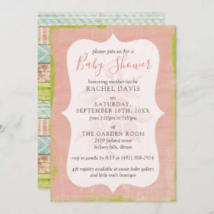 Invitation Rose Chic Shabby Baby shower Floral Rustique Bois
