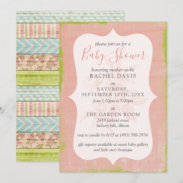Invitation Rose Chic Shabby Baby shower Floral Rustique Bois (Devant / Derrière)