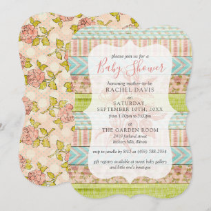 Invitation Rose Chic Shabby Baby shower Floral Rustique Bois