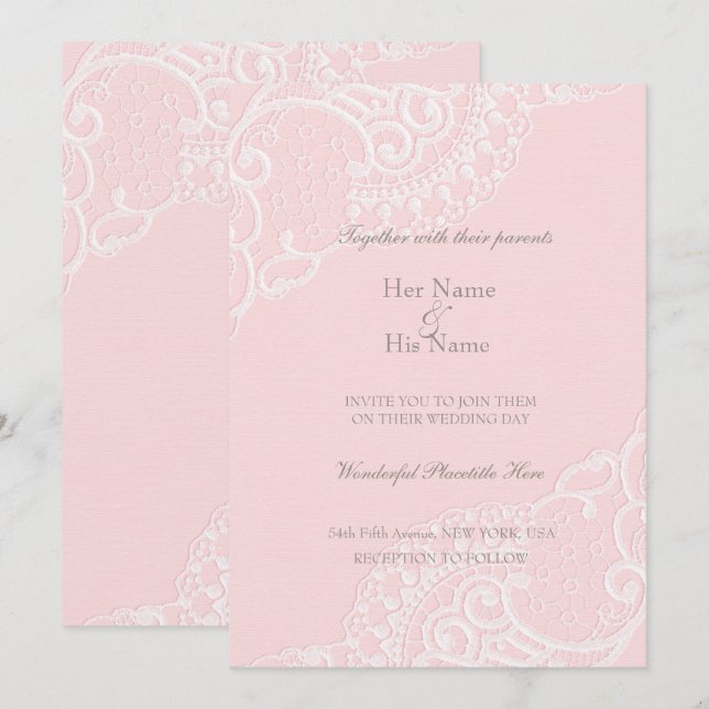 Invitation Rose chic vintage élégant mariage en dentelle (Devant / Derrière)