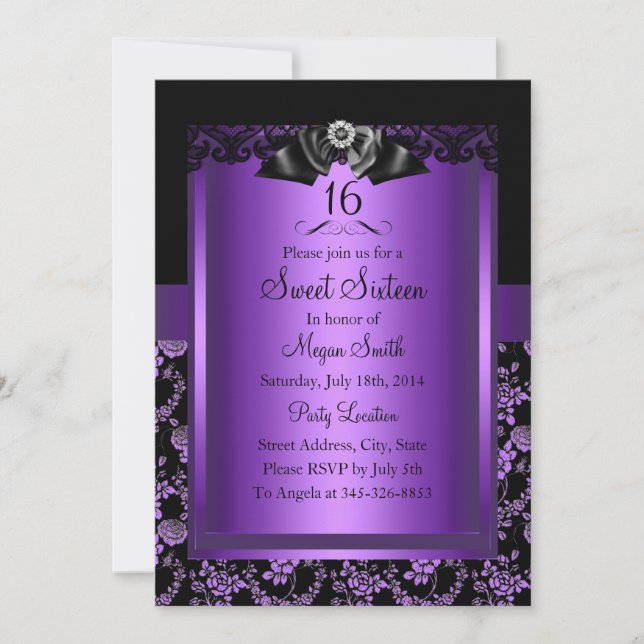 Invitation Rose chic violet et Sweet sixteen bijoux Invitatio (Devant)