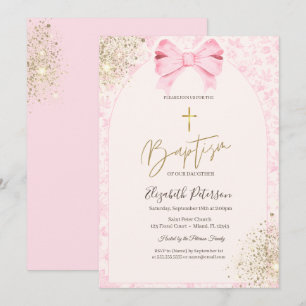 Invitation Rose Chinoiserie Vintage Floral Nœud Croix Dorée