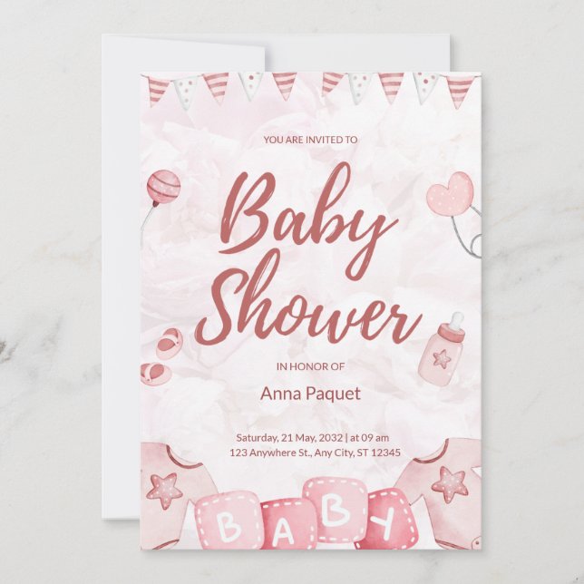 Invitation Rose Clair Aquarelle Illustrative Moderne Enfantin (Devant)