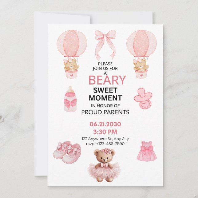 INVITATION ROSE CLAIR BLANC 5X7 FILLE PLAT BABY SHOWER (Devant)
