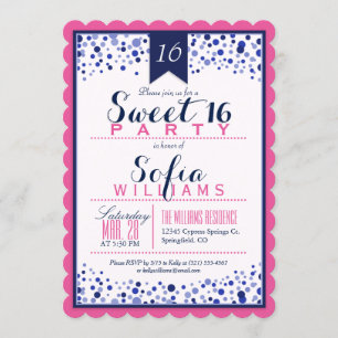 Invitation Rose clair, blanc, bleu marine Sweet 16 Party