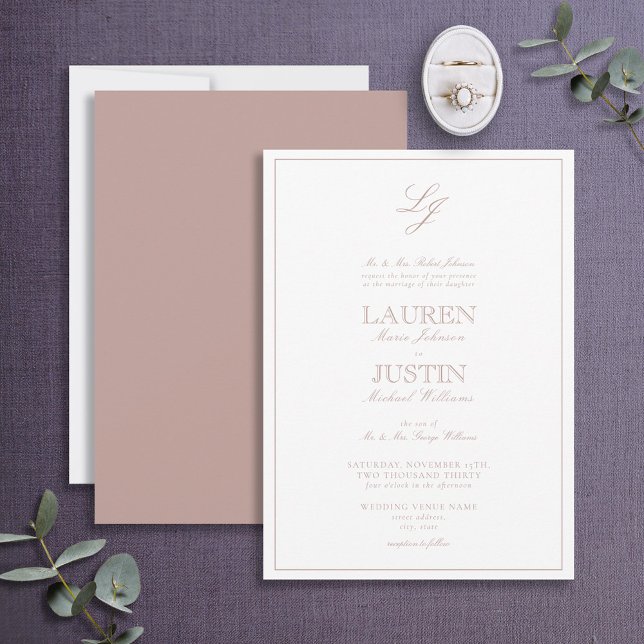 Invitation Rose classique Dusty Script Monogram Mariage (Créateur téléchargé)