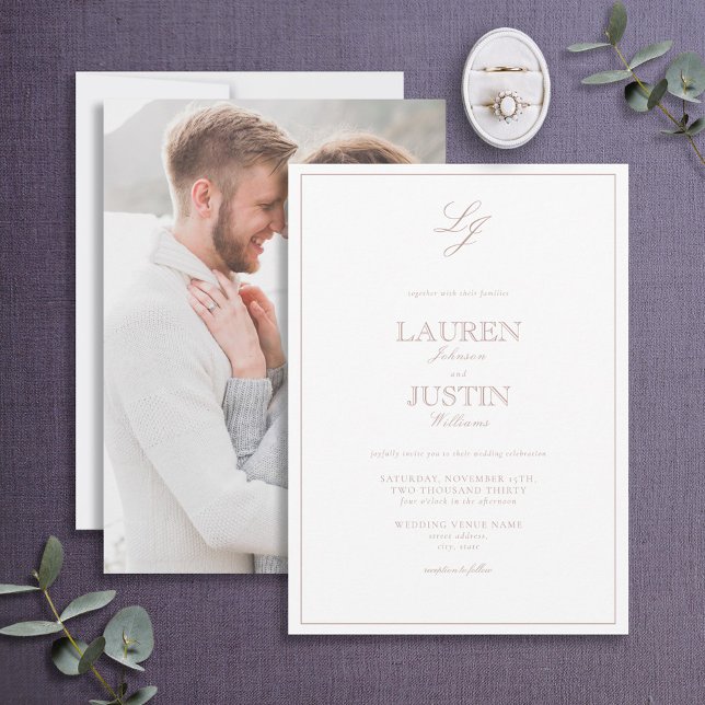 Invitation Rose classique Dusty Script Monogramme Mariage pho (Créateur téléchargé)