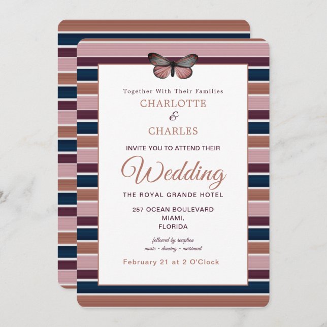 Invitation Rose classique Gold Navy Plum Stripe Motif (Devant / Derrière)