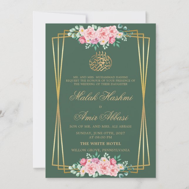 Invitation Rose classique Gold Vert musulman musulman mariage (Devant)