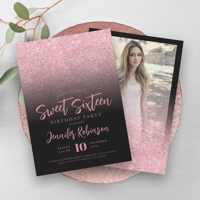 Invitation Rose Classy Gold Black Parties scintillant Photo S (Classy Rose Gold Black Glitter Photo Sweet 16 Invitation)