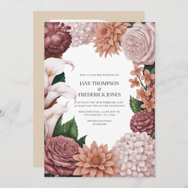 Invitation Rosé Clay, Terra Pink & Peony Smoke Floral Wedding (Devant / Derrière)