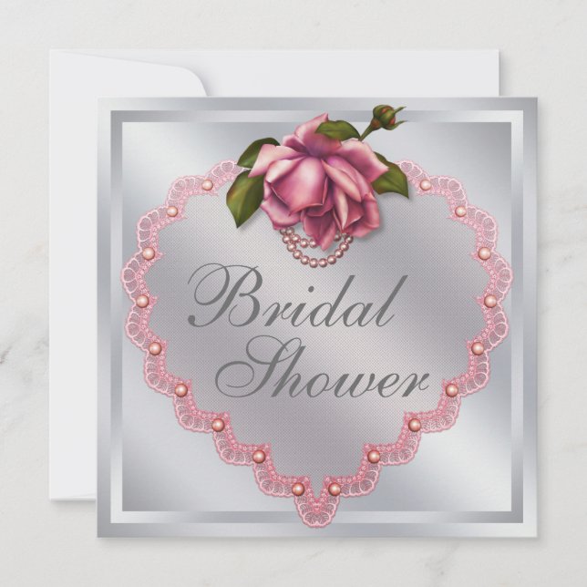 Invitation Rose cœur rose argent rose mariage (Devant)