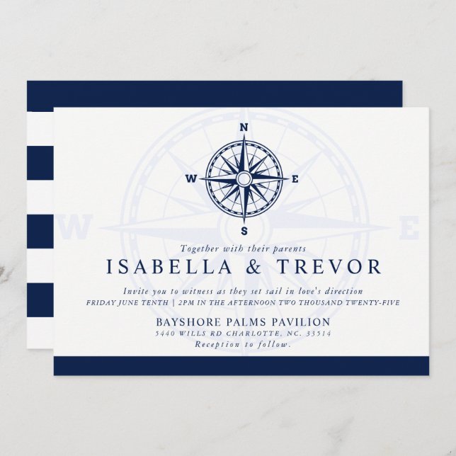 Invitation Rose Compass | Mariage thématique nautique (Devant / Derrière)