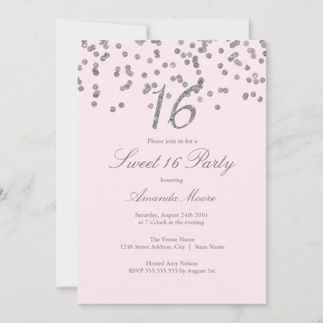 Invitation Rose Confettis Argent pour Sweet Sixtee (Devant)
