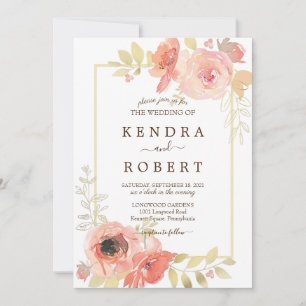Invitation Rose corail et cadre doré Fleurs Mariage