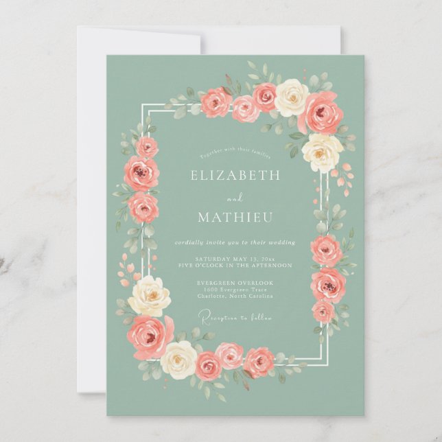 Invitation Rose Corail Floral Mariage Romantique (Devant)