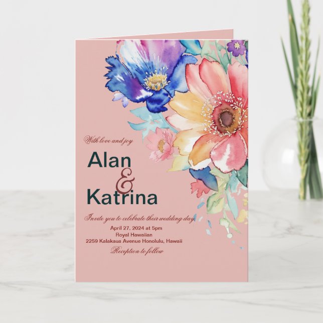 Invitation Rose Corail Foncé Floral Pliée de Mariage (Devant)