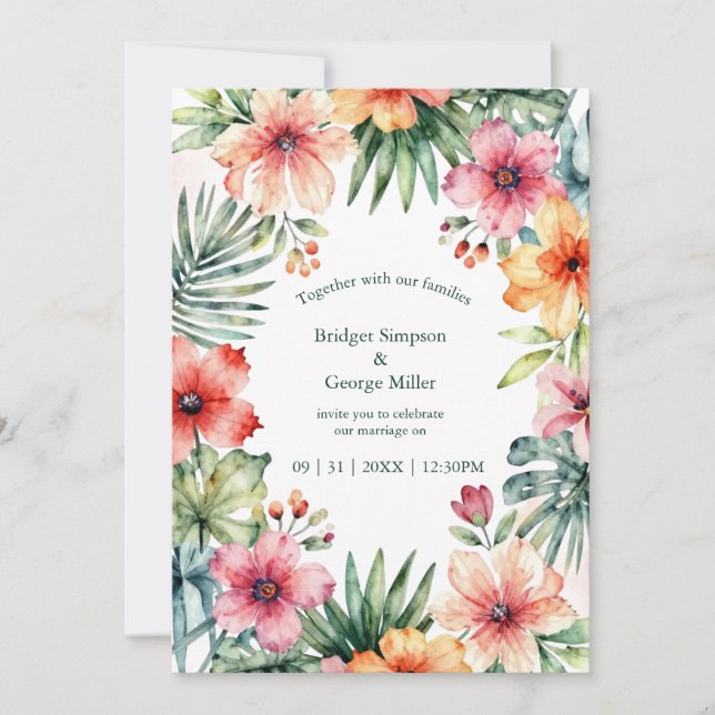 Invitation Rose Corail Mariage Floral Tropical Hawaï (Devant)