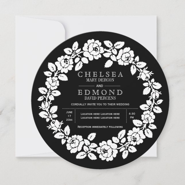 Invitation Rose couronne noir et blanc mariage moderne (Devant)