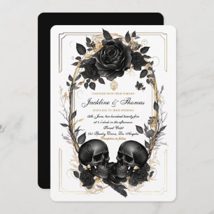 Invitation Rose crâne noir blanc or Mariage gothique