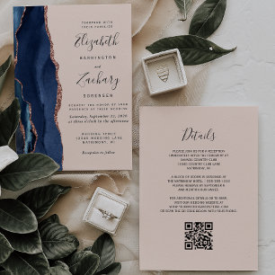 Invitation Rose d'agate bleu marine Gold Blush QR Code Mariag