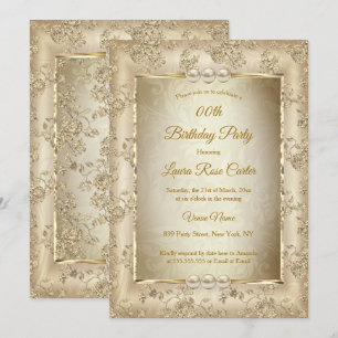 Invitation Rose damassé beige vintage or ancien Fête d'annive