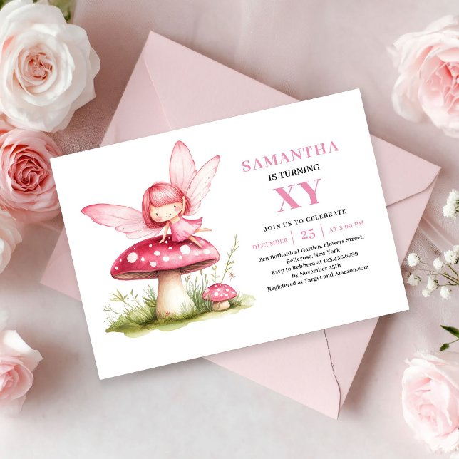Invitation rose d'anniversaire de fille fée mignon (Cute Fairy Girl Birthday Pink Whimsical invitation)