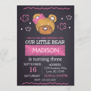 Invitation rose d'anniversaire d'ours