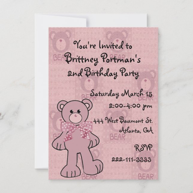 Invitation rose d'anniversaire d'ours de nounours (Devant)