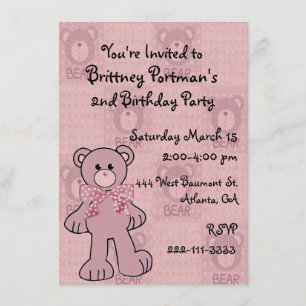 Invitation rose d'anniversaire d'ours de nounours