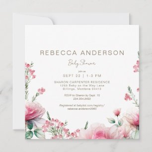 Invitation Rose dans le Baby shower Carré en fleurs